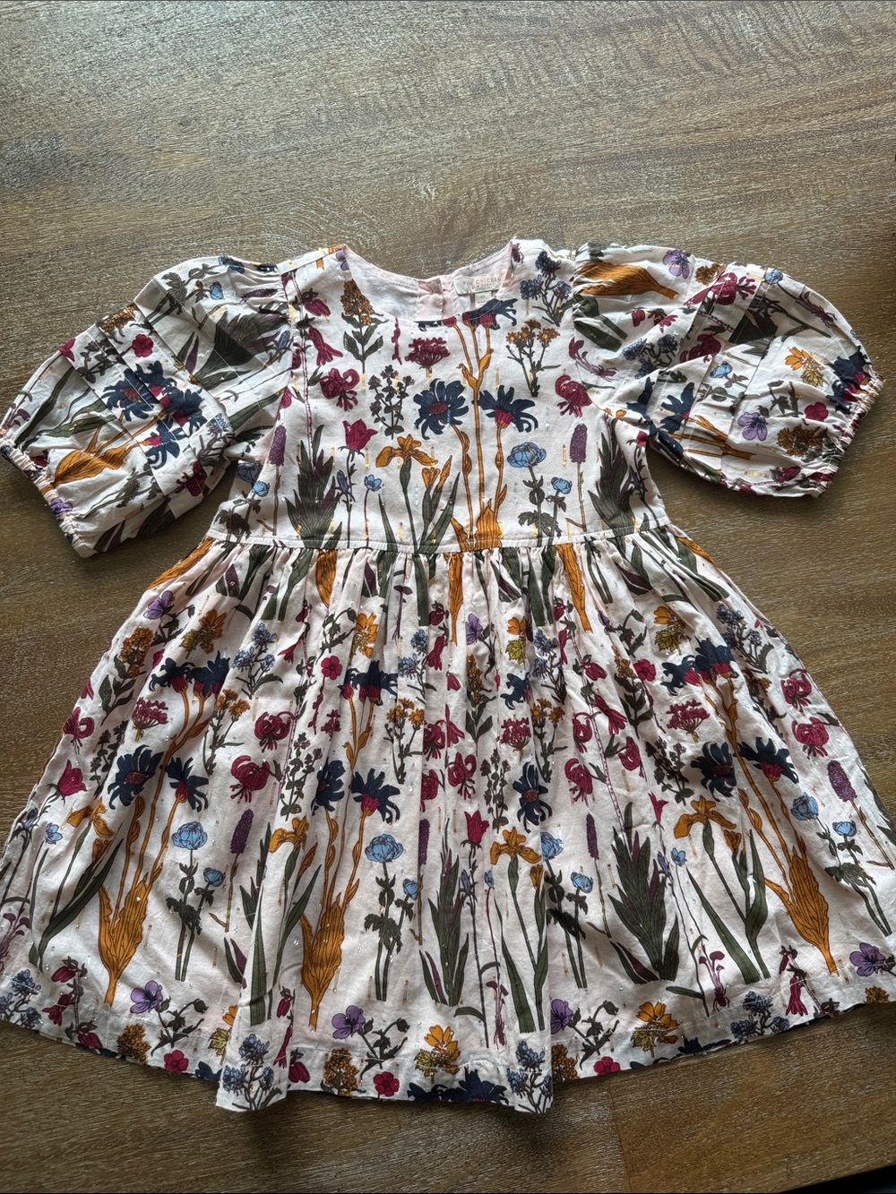 Pink Chicken Floral Puff-Sleeve Cotton Dress - White with Pink, Blue & Mustard